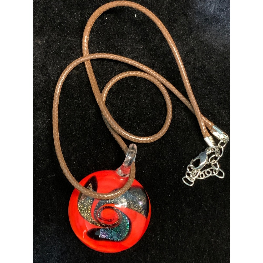 Handmade Art Glass Swirl Pendant Necklace Red Black Dichroic Glitter 19 Inch
